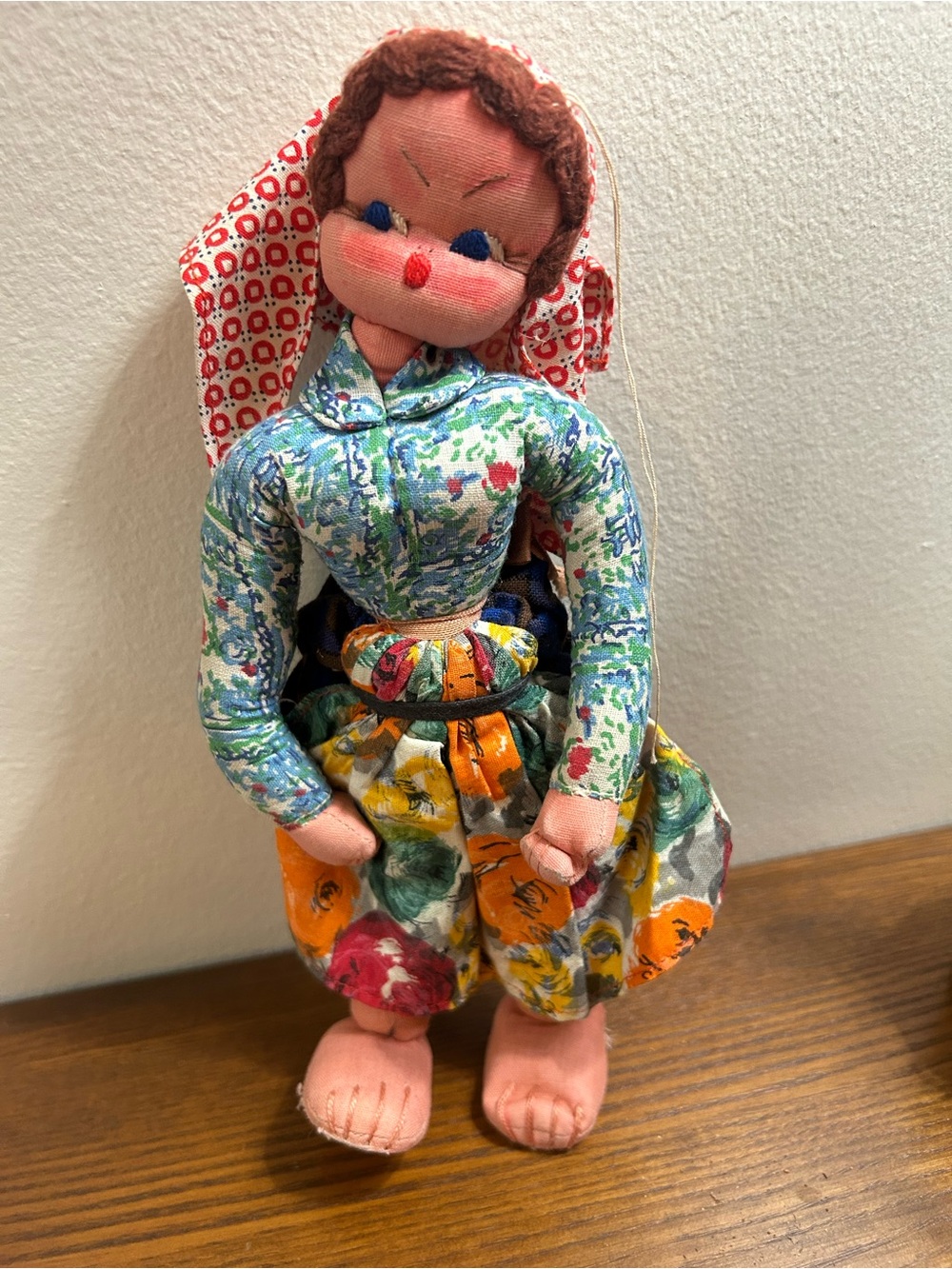 Vintage Handmade Cloth Doll “Maria Helena” in Multicolor Floral Outfit